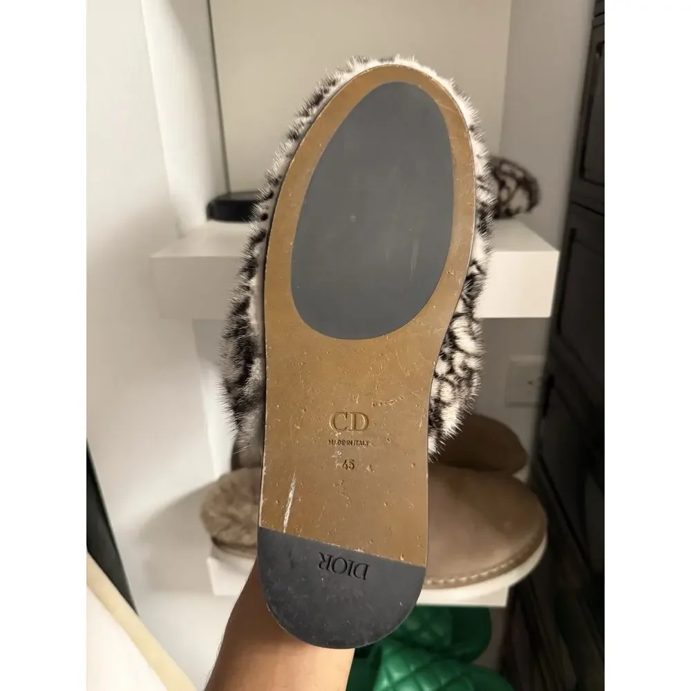 Christian Dior Oblique Mink Fur Dway Mule Slides Men Size 45 US 12 Beige Brown